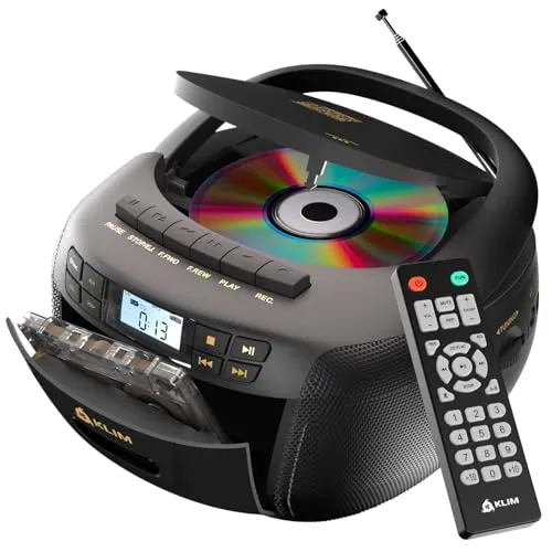 KLIM CD Player mit Kassette, Kassettenspieler, Kassettenrekorder, Radio mit CD und Kassette, Player mit Radio & USB, Bluetooth, AM/FM Radio, Netz- und Batteriebetrieb - Schwarz/Gold