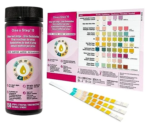 One+Step Urin Teststreifen für 10 Parameter I Mit Farbkarte für genaues hygienisches Ablesen I Keton, Glukose, Bilirubin, spez. Dichte, Blut, pH, Protein, Urobilinogen, Nitrit, Leukozyten 150 x