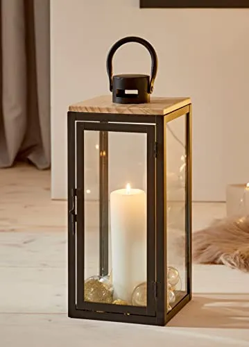 Laterne Modern aus Metall, Holz & Glas, 38 cm hoch, Bodenlaterne, Windlicht, Kerzenlaterne, Metalllaterne