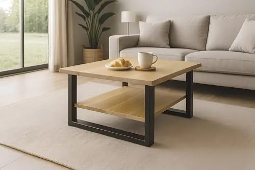 SAM Couchtisch 90x90 cm Patrick, Sofatisch mit Ablage, Wildeiche/Eichenholz massiv, Beistelltisch mit schwarzem U-Metallgestell, echte Baumkante