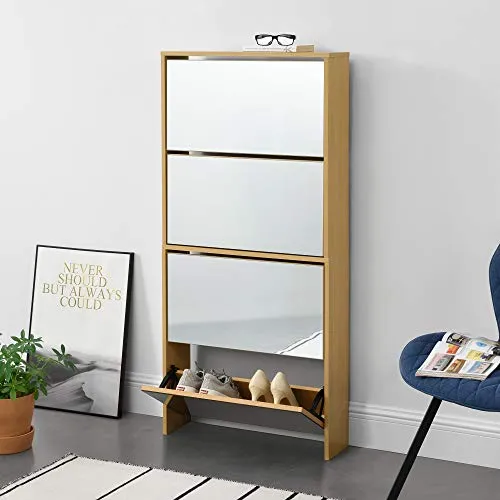 [en.casa] Vogar Schuhschrank mit verspiegelter Tür - Schuhablagen für bis zu 12 Paar Schuhe, platzsparendes Design in Eichenoptik und elegante verspiegelte Tür für modernes Ambiente.