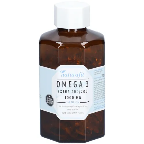Naturafit Omega 3 Extra 400/200 Kapseln - Arzneimittel mit 1000 mg hoch dosiertem Omega-3-Konzentrat, unterstützt Herz und Gehirnfunktion mit 400 mg EPA und 200 mg DHA pro Kapsel.