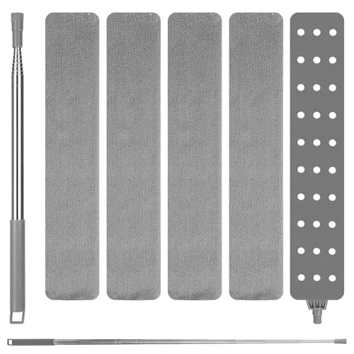 TIDEVAN Ausziehbares Staubreinigungsartefakt Staubwischer Mikrofaser Waschbare Dehnbarer Staubwedel Duster Langstiel Ausziehbar 250 cm mit 4 Abwaschbaren Tüchern für Möbelboden Haushaltslücke Staub