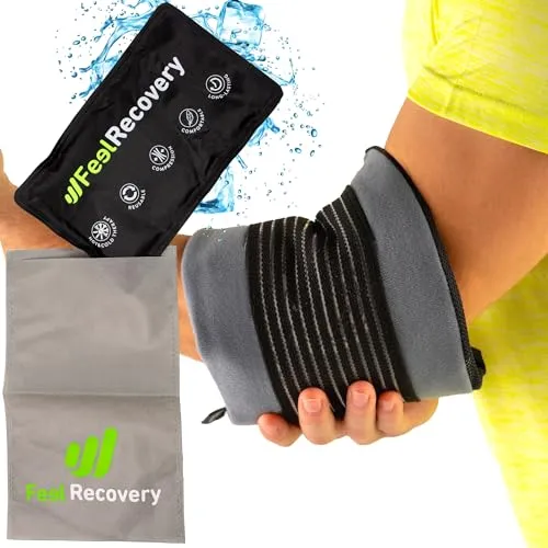 Kühlpads Gel für Ellbogen & Schultern (28x17 cm) - Kalt Warm Kompresse Set mit Fixierband für Frakturen, Tennisarm, Golferellenbogen - Kühlbandage zur Kältetherapie mit Hülle & Klettbandage