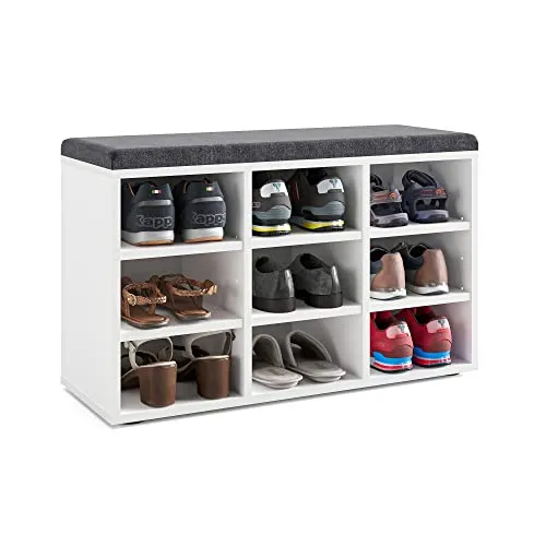 KOMTO Schuhbank mit Sitzfläche - Schuhregal Weiß 80 x 50 x 30 cm - Sitzbank mit Schuhregal bietet 9 verstellbare Schuhregale und eine gepolsterte Sitzfläche für bequemes Anziehen der Schuhe. Ideal für Flur und Garderobe.