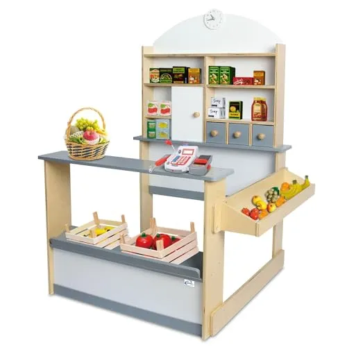 Coemo Kaufladen Kinder Kaufmannsladen Lilly Holz Verkaufsstand - Kaufladen & Zubehör: Hochwertiger Kaufmannsladen aus Holz mit vielen Spielmöglichkeiten, fördert Kreativität und soziale Kompetenz Ihrer Kinder, pflegeleicht und umweltfreundlich.