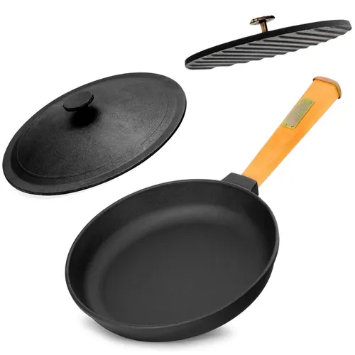 Gusseisen Bratpfanne mit Holzgriff und Deckel, Ø22cm - Hochwertige Gusseisenpfanne mit isoliertem Holzgriff. Ideal für alle Herdarten. Perfekt zum Braten und Grillen, inklusive passendem Deckel für vielseitigen Einsatz.