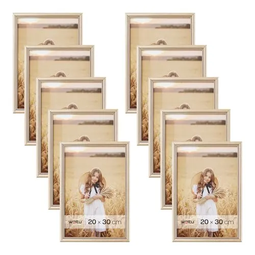 WOLTU Bilderrahmen 20x30cm 10er Set Fotorahmen Holzrahmen mit Passepartout, zum vertikalen oder horizontalen Aufhängen/Aufstellen, Posterrahmen Collage Wanddeko, Gold