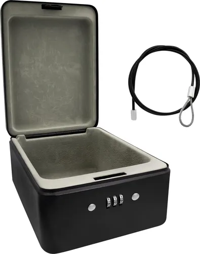 Idena 50119 - Sicherheitsbox aus Stahl, schwarzer Tresor mit Zahlenschloss und Sicherungskabel, ca. 20 x 15 x 6,5 cm