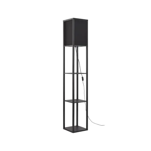 Lindby Birta Stehleuchte mit Ablage - Moderne Stehlampe mit praktischen Ablageflächen, ideal für Wohnzimmer oder Büro. Stilvolles Design aus Holz in Schwarz, passend für E27-Leuchtmittel.