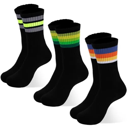 Vivtful Herren Socken Baumwolle Bunte Streifen Sportsocken Atmungsaktiv Gepolsterte Frotteesohle Tennissocken Cushioned 3 Paare Crew Socks Schwarz 39-44