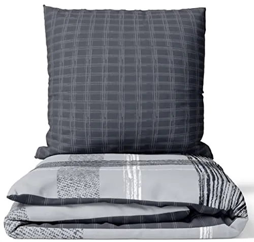 Leonado Vicenti Bettwäsche Baumwolle Grau Gestreift Set Schlafzimmer Garnitur Wendebettwäsche Streifen Bezug Decke mit Reißverschluss, 3teilig, 200x200 cm