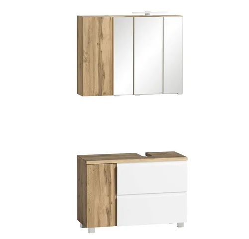 Badmöbel Set VASTO-03-WHITE 85cm mit Spiegelschrank und Waschbeckenunterschrank - Modernes Badmöbel Set in Weiß mit Eiche Wotan Dekor. Inklusive LED-Beleuchtung, Softclose-Schubladen und verstellbaren Einlegeböden für eine individuelle Anpassung.