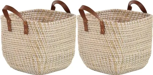 Set/2 Handgearbeiteter Seegras Dekokorb - Körbe & Behälter - Stilvolle Aufbewahrungskörbe im afrikanischen Design, handgefertigt aus Seegras mit eleganten Kunstleder-Griffen.