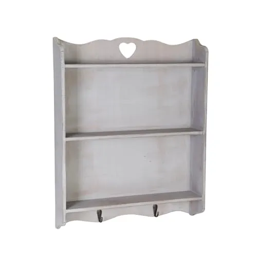 Wandregal Herz Hängeregal Wandgarderobe Regal Shabby Chic Landhaus Wandboard Bilderrahmenleiste für Deko und Wohnaccessoires aus Holz Küche Wohnzimmer Schlafzimmer | L x B x H 9 x 38,5 x 48,5 cm Grau
