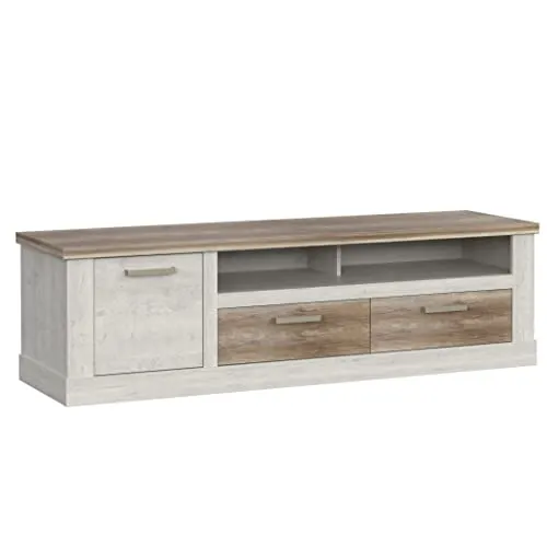 Newroom Lowboard Coby - Moderner TV Schrank in Pinie Weiß - TV-Halterungen: Stilvolles Lowboard mit 2 Schubladen und 1 Tür, ideal für Ihr Wohnzimmer und optimal für eine moderne Einrichtung.