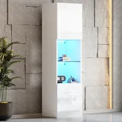 MODFU Vitrine,Hochschrank,45*35*160 cm,Aufbewahrungsschrank,Highboard,Beistellschrank, Lagerschrank mit LED-Beleuchtung 1 Glasboden,Weiß - Weiß