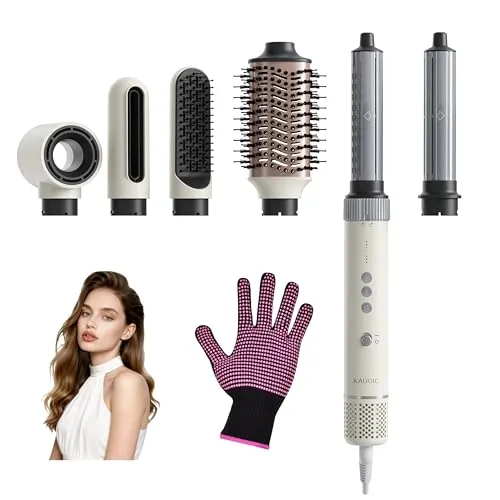 6-in-1 Hairstyler, Airstyler, Lockenstab, 110000 U/Min Hochgeschwindigkeit Lonen Föhn Locken oder Glätten, Föhnbürste Warmluftbürste Rundbürstenföhn Lockenföhn Haartrockner- Cremeweiß