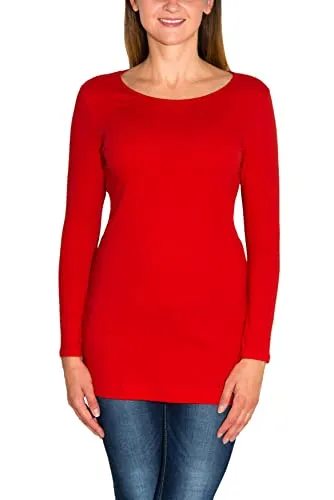 Alkato Damen Langarm Longshirt Langarmshirt Tunika Basic Shirt, Farbe: Rot, Größe: S