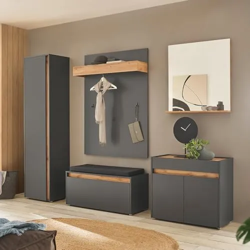 Lomadox Garderoben-Set CRISP-61 - Garderoben-Set in anthrazit mit Wotan Eiche Nb., modernes Design mit griffloser Öffnung, ideal für stilvolle Eingangsbereiche.