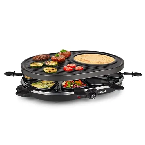 Tristar Raclette für bis zu 8 Personen – Grillplatte mit Crêpe-Forme und 8 Pfännchen, RA-2996, Schwarz