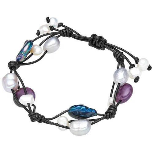 Valero Pearls Damen-Armband aus Süßwasser-Zuchtperlen - Elegantes Armband mit ovalen Süßwasser-Zuchtperlen in Weiß, Grau und Pfauenblau, kombiniert mit lila Amethysten. Praktischer Zugverschluss für individuelle Anpassung – das ideale Geschenk für Perlenschmuck-Liebhaberinnen.