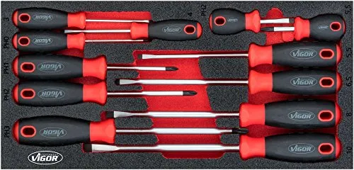 Vigor V4989 Schraubendreher-Set - Schraubendreher-Set mit 2K Weichschaum-Einlage für perfekte Ordnung. Jedes Werkzeug hat seinen Platz und ist verrutschsicher - ideal für Werkstätten und Heimwerker.
