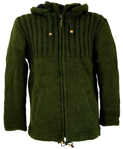 GURU SHOP Strickjacke Wolljacke Nepaljacke Olive - Modell 2, Herren, L - Mollig warme Strickjacke aus reiner Schafwolle mit abnehmbarer Kapuze und geräumigen Taschen. Fair in Nepal gefertigt, ideal für kalte Tage.