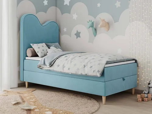 Boxspringbett FLOW - Einzelbett für Kinder & Jugendliche - 90x180cm - Blau - Komfortables Einzelbett mit 7-Zonen-Taschenfederkernmatratze und praktischem Bettkasten für Stauraum. Ideal für einen erholsamen Schlaf und einfaches Handling dank Federhebern.