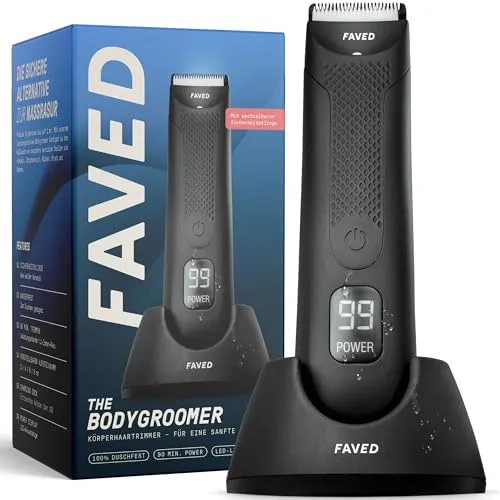 FAVED Elektrokörperrasierer The Bodygroomer – Duschfester Körperrasierer mit 90 Min. Laufzeit - Elektrorasierer mit Sicherheitsklinge aus Keramik, 90 Min. Laufzeit und LED-Anzeige. Ideal für präzises Trimmen und Rasieren von Körperhaaren.