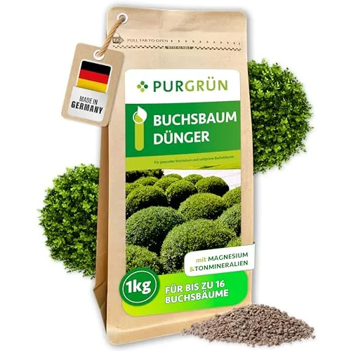 Purgrün Buchsbaum Dünger NPK 5+4+6, 1 kg - Pflanzendünger für kräftige Buchsbäume mit hohem Magnesium- und Kaliumgehalt, fördert gesundes Wachstum und strahlendes Grün.