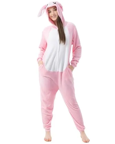 Katara 1744 Hase Kostüm-Anzug - Damen-Schlafanzug-Einteiler, kuscheliger Fleece Jumpsuit für Erwachsene und Kinder, ideal zum Chillen, Feiern oder als witziges Kostüm für jede Party.