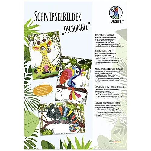 Ursus 21320099 - Schnipsel Dschungel, Bastel-Set für Kinder ab 3 Jahren, mit 8 Motiv-Vorlagen und farbigem Glanzpapier, zum Basteln von Bildern aus Papier-Schnipseln, bunt