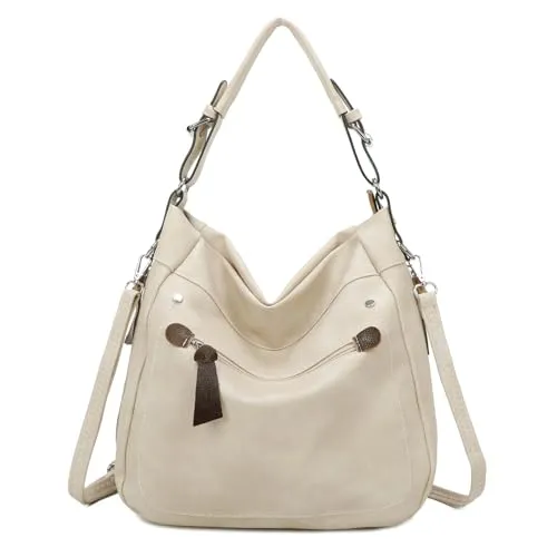 OBC Damen Tasche Shopper Hobo-Bag Schultertasche Umhängetasche Handtasche Crossover Reisetasche Beuteltasche Leder Optik Beige