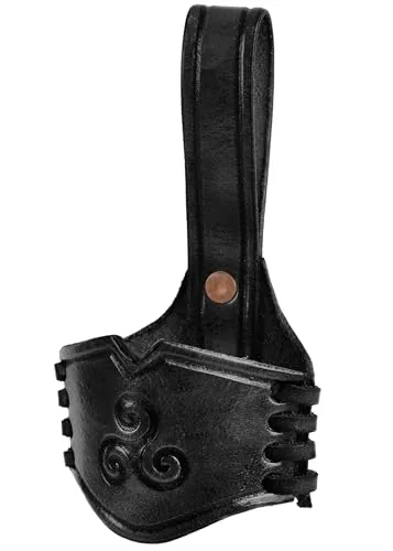 Ulfberth - Hornhalter für Trinkhorn mit geprägter Triskele aus Leder, Gürtelhalter für Trinkhörner, Mittelalter, Wikinger, LARP (Schwarz, 0.4 l - 0.9 l)