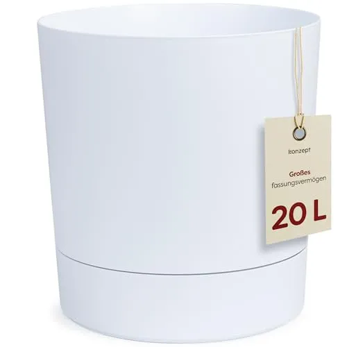 KONZEPT Blumentopf mit Untersetzer 32,5 cm - großer Übertopf aus Kunststoff für Zimmerpflanzen, modern und wetterfest, für Innen und Außen, Weiß