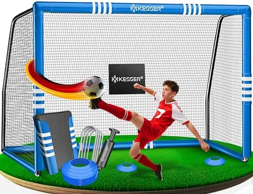 KESSER® Fußballtor – Hochwertiges Fußballtor 300cm, Training Schusstraining UV-beständigem Netz, Stahlrahmen mit Polsterung, Erdhaken, Luftpumpe, Hüttchen, Montagezubehör für Kinder und Erwachsene
