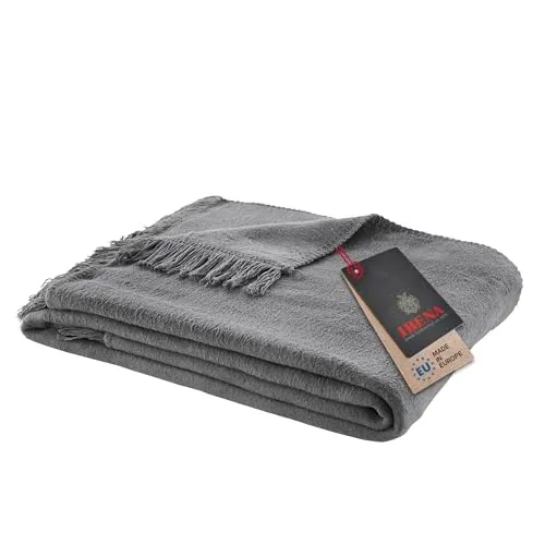 Ibena Uni Decke Braga anthrazit 150x200 - Bettdecken, weiche Fransendecke aus Baumwollmix, warm und waschbar – ideal für gemütliche Abende auf der Couch!