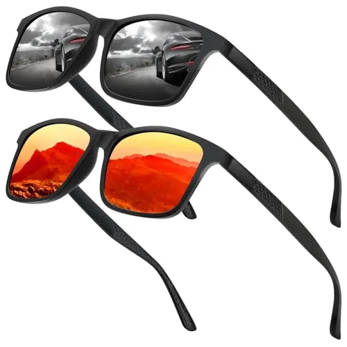 Chritice Sonnenbrille Herren Polarisiert 2 Stück, Sonnenbrille Damen Polarisiert,Polarisierte Sonnenbrillen Herren Groß UV 400 Schutz, Fahren Reisen Outdoor Sunglasses Men, Schwarz und Rote Gläser