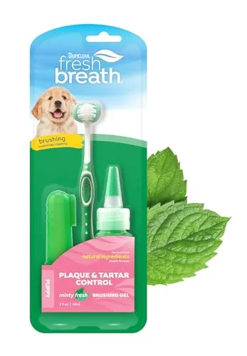 TropiClean Fresh Breath Zahnreinigungsset für Welpen — Atemerfrischer Zahnpflege — Komplettes Hundezahnbürstenset für Welpen — hilft beim Entfernen von Plaque und Zahnstein, für Welpen, 59 ml (Verpackung kann variieren)