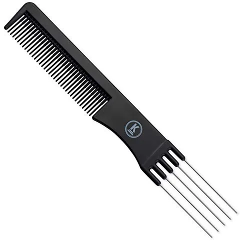 K‑Pro Toupierkamm mit Metallgabel & feinen Zähnen – professioneller Friseur‑Stielkamm in Schwarz, 19,4 cm – ideal zum Toupieren, Abteilen, Frisieren & Stylen – für Zuhause, Reise & Salongebrauch