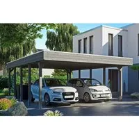 Doppelcarport SKAN HOLZ Friesland mit EPDM-Dachfolie - Robuster Doppelcarport mit Flachdach in Grau, inklusive H-Pfostenanker für hohe Stabilität, ideal für den Schutz von Fahrzeugen im Garten.