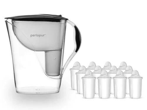 PearlCo Wasserfilter Fashion Anthrazit mit 6 Filterkartuschen - Filter für 1.200 Liter Trinkwasser, ergonomisch und kratzfest. Mit manuellem Wechselanzeiger und rutschfester Bodenplatte für sicheren Stand.