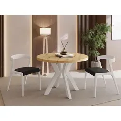 Runder Ausziehbarer Esstisch Savio – 100-200 cm für 5-10 Personen – Stilvoll mit Weißen Holzbeinen - VIELSEITIGER ESSTISCH – Ideal für Wohnzimmer und Esszimmer: Der elegante, runde Tisch bietet Platz für bis zu 10 Personen und passt sich perfekt Ihrem Wohnstil an. Robuste Bauweise und pflegeleichte Tischplatte garantieren Langlebigkeit.