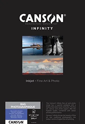 CANSON Infinity RAG Photographique A3+ 310g/m2 - Hochwertiges Fotopapier - Fotopapier in A3+ für professionelle Drucke, 310g/m2, 25 Blatt - ideal für brillante Farben und feine Details.