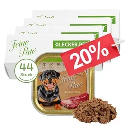 g Lecker.Pet® Gino's Feine Paté Reich an Rind - 44 x 150g - Nassfutter für Hunde, reich an zartem Rindfleisch, glutenfrei und leicht verdaulich – ideal für alle Rassen und auch für sensible Hunde geeignet.
