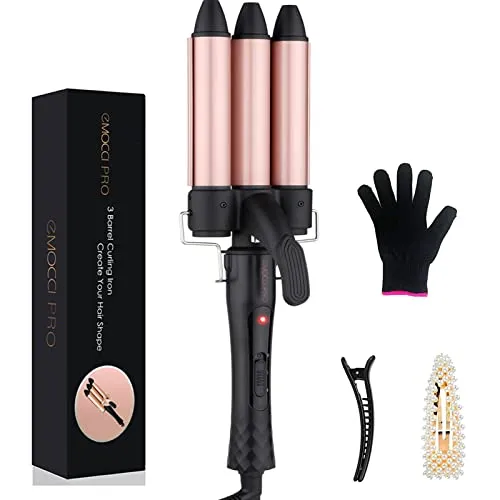Lockenstab 3 fässer Beach Waves Welleneisen Große Locken Mermaid Wellenstab Welleisen mit Klemme Curling Iron für Kurze Lange Haare Haarpflege Set(25mm, Rosa Schwarz)