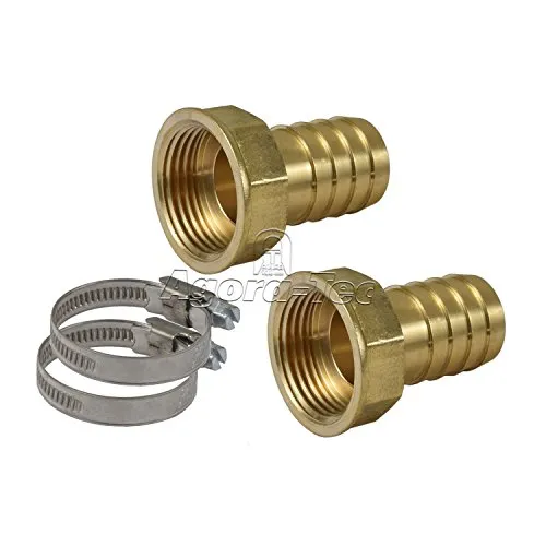 Agora-Tec® Schlauchanschluss Set für 1 Zoll (25,4mm) Schlauch mit 2 Messing Schlauchtüllen 1 Zoll IG (30,3mm), 2 Edelstahlschlauchschellen und 2 Meter Gewindedichtfaden