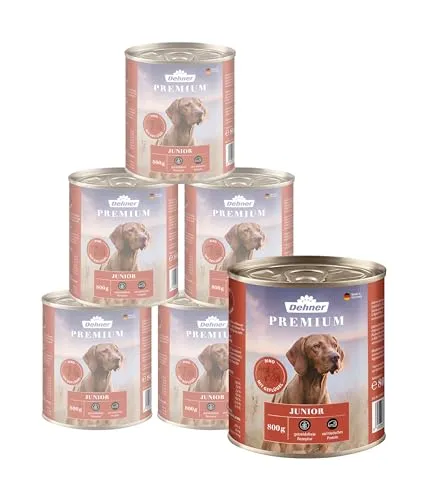 Dehner Premium Hundefutter Junior | Nassfutter für Welpen und junge Hunde | Hundenassfutter in Premiumqualität | hoher Fleischanteil | getreidefei | mit Rind, Geflügel und Kartoffel | 6 x 800 g