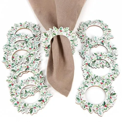Serviettenringe Weihnachten aus Holz, Tischdeko Weihnachtsfeier, Serviettenhalter Holzdeko Mistelzweig weihnachtlich grün rot Natur 6,5 cm 10